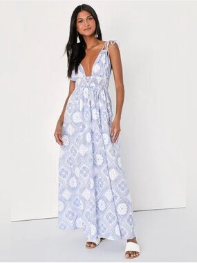 Spanish Sojourn White and Blue Paisley Tie-Strap dress